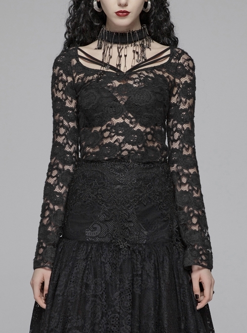 Lace-Up Collar Flare Sleeve Black Gothic Lace Perspective T-Shirt