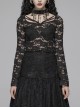 Lace-Up Collar Flare Sleeve Black Gothic Lace Perspective T-Shirt