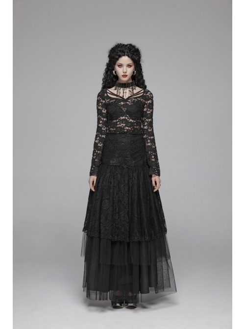 Lace-Up Collar Flare Sleeve Black Gothic Lace Perspective T-Shirt