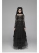 Lace-Up Collar Flare Sleeve Black Gothic Lace Perspective T-Shirt