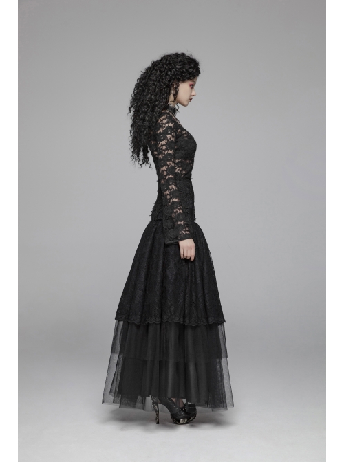 Lace-Up Collar Flare Sleeve Black Gothic Lace Perspective T-Shirt