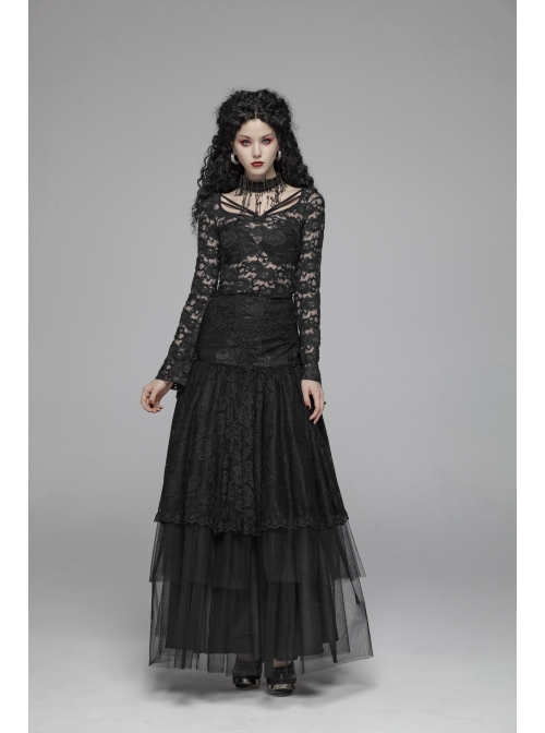 Lace-Up Collar Flare Sleeve Black Gothic Lace Perspective T-Shirt