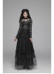 Lace-Up Collar Flare Sleeve Black Gothic Lace Perspective T-Shirt