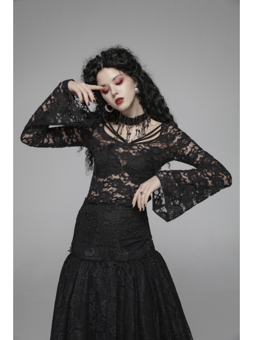 Lace-Up Collar Flare Sleeve Black Gothic Lace Perspective T-Shirt
