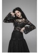 Lace-Up Collar Flare Sleeve Black Gothic Lace Perspective T-Shirt