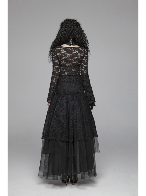 Lace-Up Collar Flare Sleeve Black Gothic Lace Perspective T-Shirt