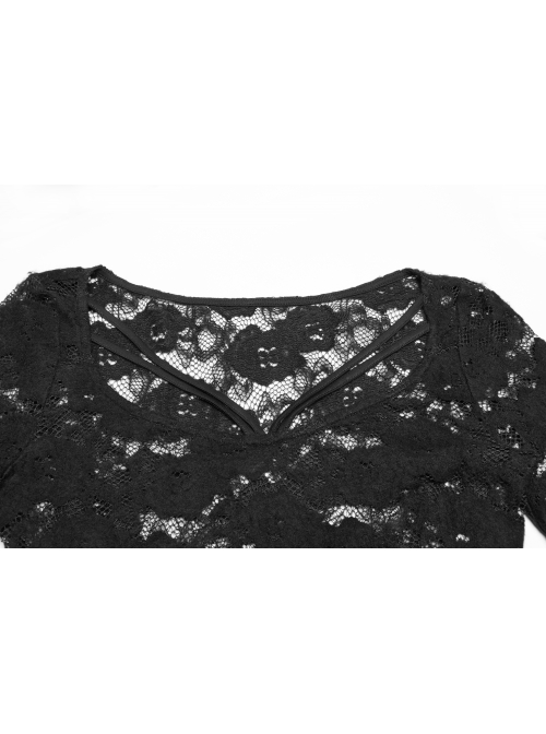 Lace-Up Collar Flare Sleeve Black Gothic Lace Perspective T-Shirt