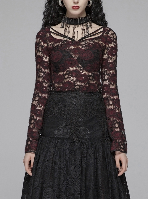 Lace-Up Collar Flare Sleeve Wine Red Gothic Lace Perspective T-Shirt