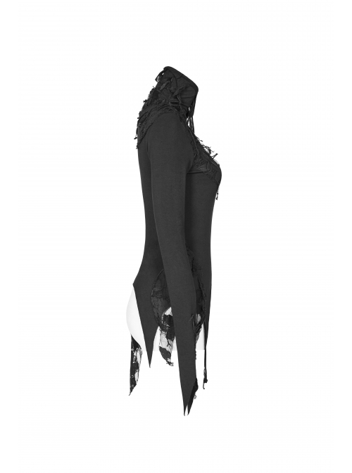 Lace-Up High Collar Splice Broken Holes Knit Long Sleeve Irregular Sharp Corner Hem Black Punk Tight T-Shirt
