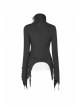 Lace-Up High Collar Splice Broken Holes Knit Long Sleeve Irregular Sharp Corner Hem Black Punk Tight T-Shirt