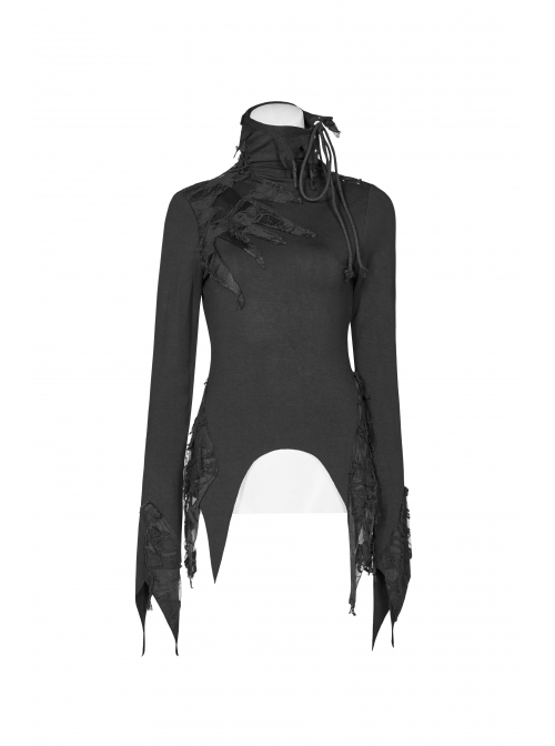Lace-Up High Collar Splice Broken Holes Knit Long Sleeve Irregular Sharp Corner Hem Black Punk Tight T-Shirt