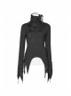 Lace-Up High Collar Splice Broken Holes Knit Long Sleeve Irregular Sharp Corner Hem Black Punk Tight T-Shirt