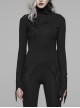 Lace-Up High Collar Splice Broken Holes Knit Long Sleeve Irregular Sharp Corner Hem Black Punk Tight T-Shirt