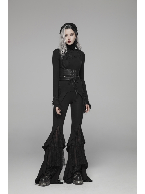 Lace-Up High Collar Splice Broken Holes Knit Long Sleeve Irregular Sharp Corner Hem Black Punk Tight T-Shirt