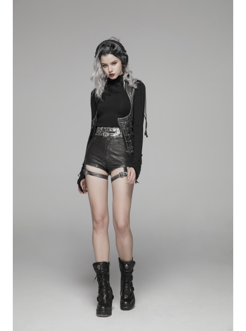 Lace-Up High Collar Splice Broken Holes Knit Long Sleeve Irregular Sharp Corner Hem Black Punk Tight T-Shirt
