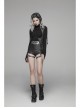 Lace-Up High Collar Splice Broken Holes Knit Long Sleeve Irregular Sharp Corner Hem Black Punk Tight T-Shirt
