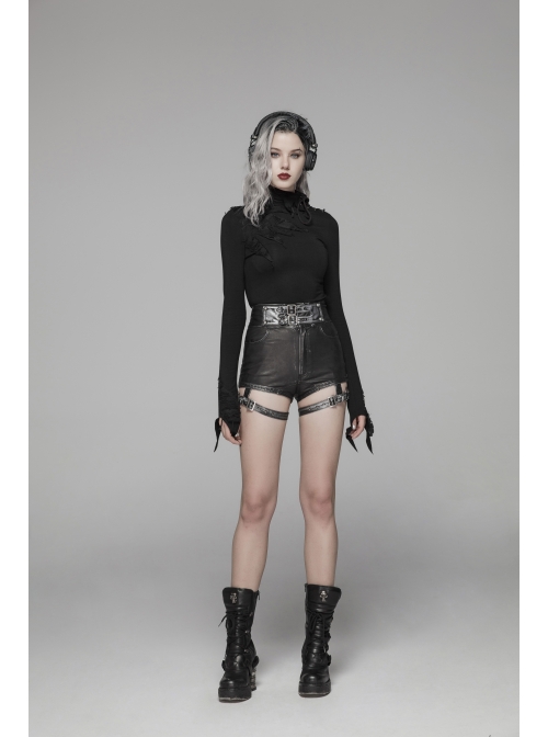 Lace-Up High Collar Splice Broken Holes Knit Long Sleeve Irregular Sharp Corner Hem Black Punk Tight T-Shirt