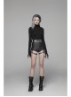 Lace-Up High Collar Splice Broken Holes Knit Long Sleeve Irregular Sharp Corner Hem Black Punk Tight T-Shirt