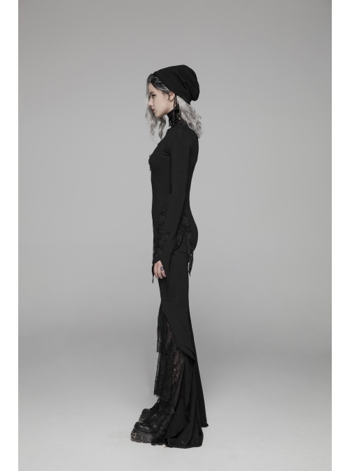 Lace-Up High Collar Splice Broken Holes Knit Long Sleeve Irregular Sharp Corner Hem Black Punk Tight T-Shirt