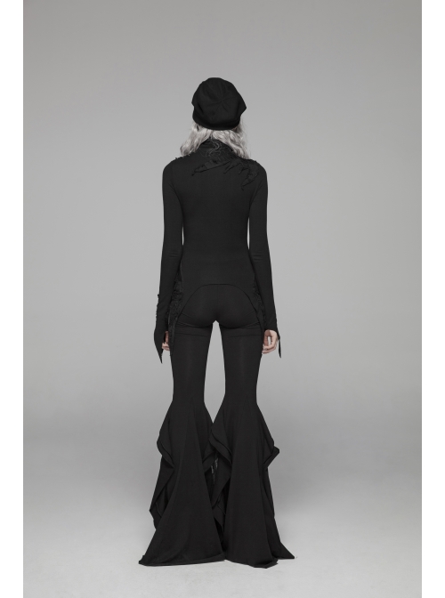 Lace-Up High Collar Splice Broken Holes Knit Long Sleeve Irregular Sharp Corner Hem Black Punk Tight T-Shirt