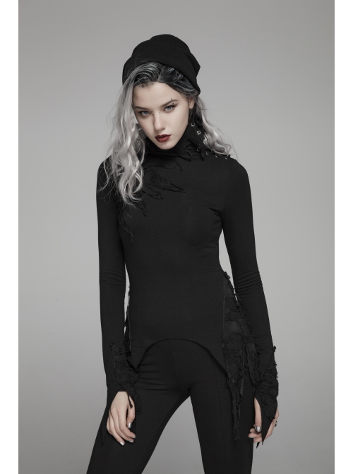 Lace-Up High Collar Splice Broken Holes Knit Long Sleeve Irregular Sharp Corner Hem Black Punk Tight T-Shirt