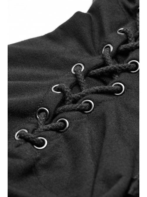 Lace-Up High Collar Splice Broken Holes Knit Long Sleeve Irregular Sharp Corner Hem Black Punk Tight T-Shirt