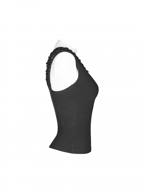 V-Neck Back Metal Eyelets Lace-Up Black Punk Fine Rib Tight Vest