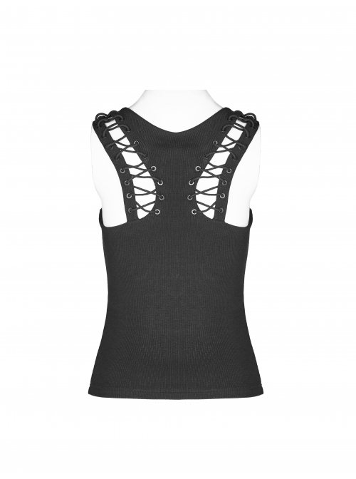 V-Neck Back Metal Eyelets Lace-Up Black Punk Fine Rib Tight Vest