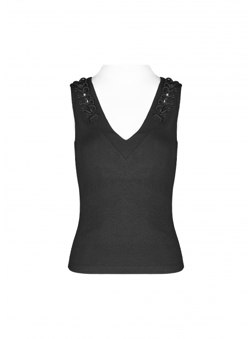 V-Neck Back Metal Eyelets Lace-Up Black Punk Fine Rib Tight Vest