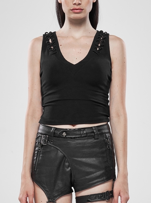 V-Neck Back Metal Eyelets Lace-Up Black Punk Fine Rib Tight Vest