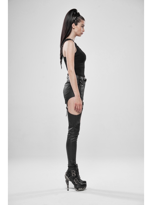 V-Neck Back Metal Eyelets Lace-Up Black Punk Fine Rib Tight Vest