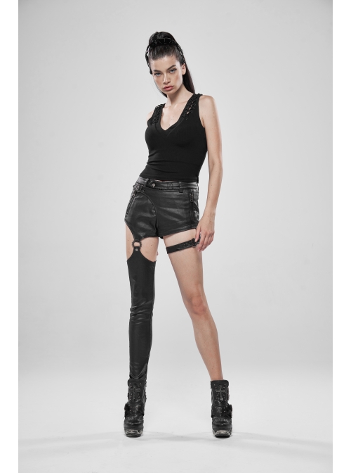 V-Neck Back Metal Eyelets Lace-Up Black Punk Fine Rib Tight Vest
