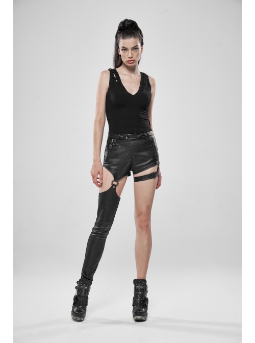 V-Neck Back Metal Eyelets Lace-Up Black Punk Fine Rib Tight Vest