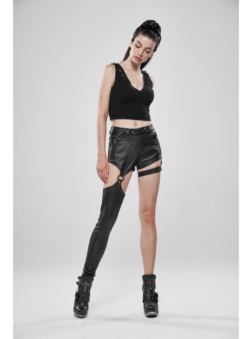 V-Neck Back Metal Eyelets Lace-Up Black Punk Fine Rib Tight Vest