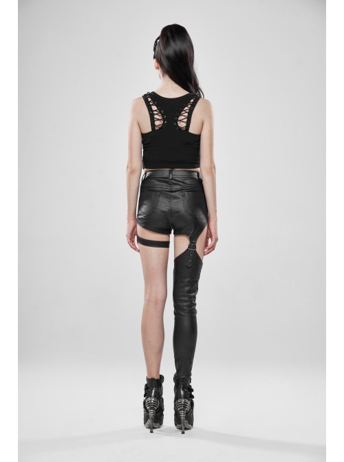 V-Neck Back Metal Eyelets Lace-Up Black Punk Fine Rib Tight Vest