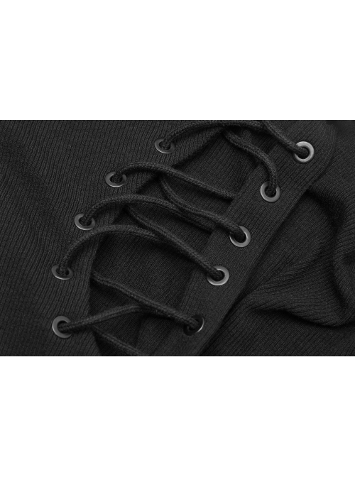 V-Neck Back Metal Eyelets Lace-Up Black Punk Fine Rib Tight Vest