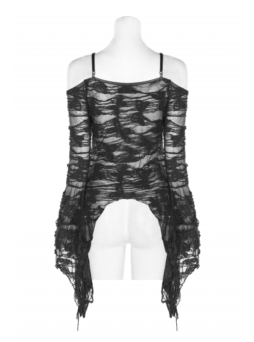 Off-Shoulder V-Neck Lace-Up Flare Sleeve Sharp Corner Hem Black Punk Broken Holes Knit T-Shirt