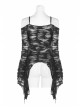 Off-Shoulder V-Neck Lace-Up Flare Sleeve Sharp Corner Hem Black Punk Broken Holes Knit T-Shirt