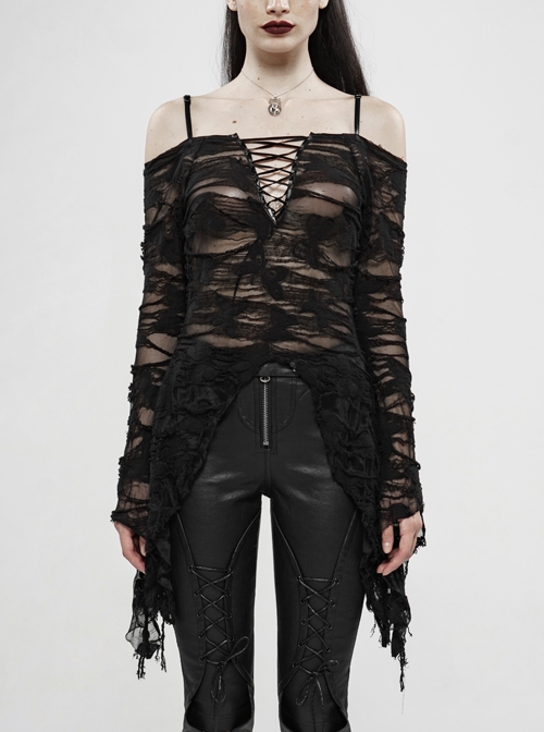 Off-Shoulder V-Neck Lace-Up Flare Sleeve Sharp Corner Hem Black Punk Broken Holes Knit T-Shirt