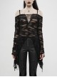 Off-Shoulder V-Neck Lace-Up Flare Sleeve Sharp Corner Hem Black Punk Broken Holes Knit T-Shirt