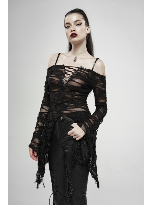 Off-Shoulder V-Neck Lace-Up Flare Sleeve Sharp Corner Hem Black Punk Broken Holes Knit T-Shirt