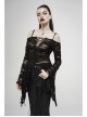 Off-Shoulder V-Neck Lace-Up Flare Sleeve Sharp Corner Hem Black Punk Broken Holes Knit T-Shirt