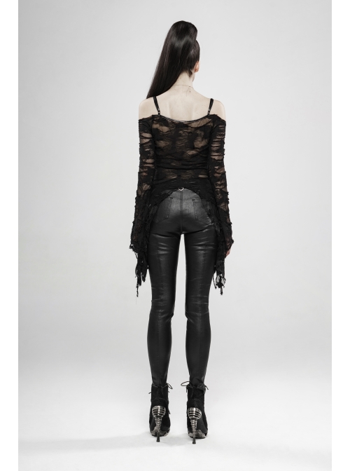 Off-Shoulder V-Neck Lace-Up Flare Sleeve Sharp Corner Hem Black Punk Broken Holes Knit T-Shirt