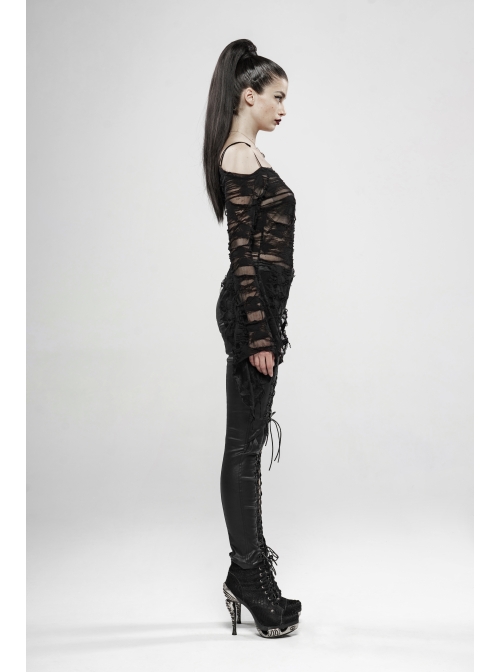 Off-Shoulder V-Neck Lace-Up Flare Sleeve Sharp Corner Hem Black Punk Broken Holes Knit T-Shirt