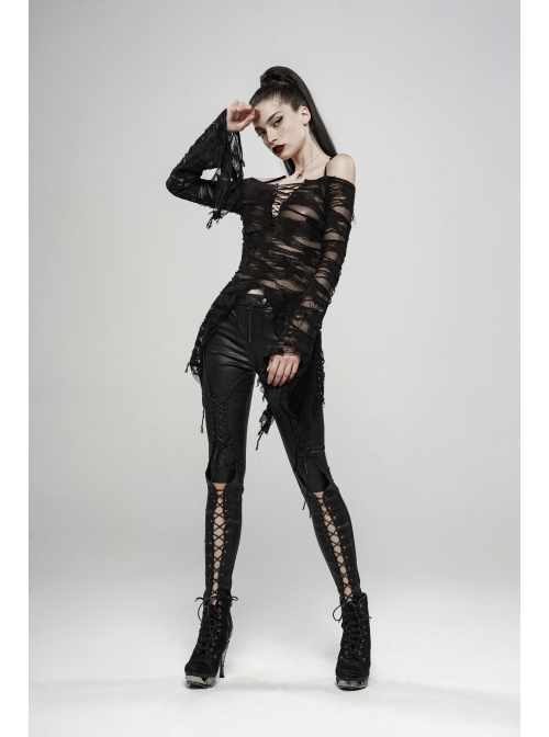 Off-Shoulder V-Neck Lace-Up Flare Sleeve Sharp Corner Hem Black Punk Broken Holes Knit T-Shirt