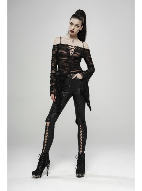 Off-Shoulder V-Neck Lace-Up Flare Sleeve Sharp Corner Hem Black Punk Broken Holes Knit T-Shirt