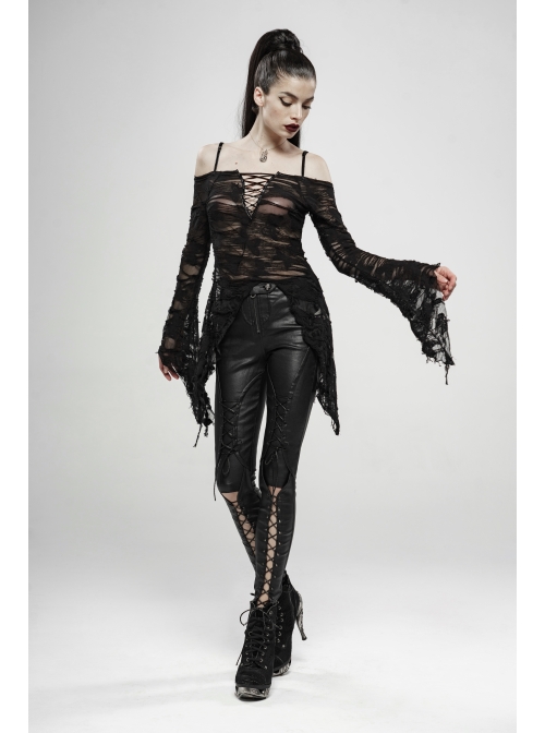 Off-Shoulder V-Neck Lace-Up Flare Sleeve Sharp Corner Hem Black Punk Broken Holes Knit T-Shirt