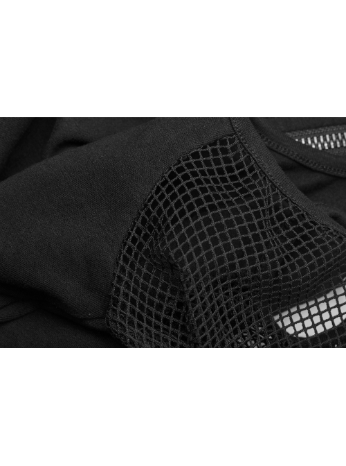 Small High Collar Off-Shoulder Splice Mesh Flare Sleeve Black Punk Knit T-Shirt
