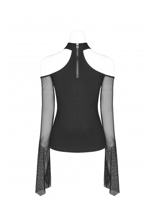 Small High Collar Off-Shoulder Splice Mesh Flare Sleeve Black Punk Knit T-Shirt