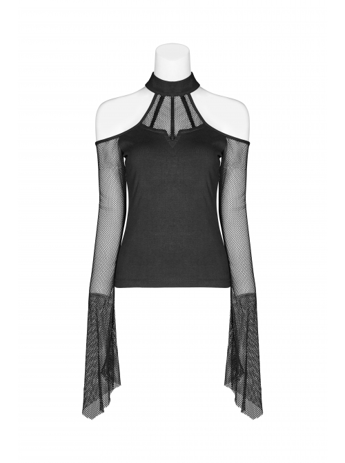 Small High Collar Off-Shoulder Splice Mesh Flare Sleeve Black Punk Knit T-Shirt